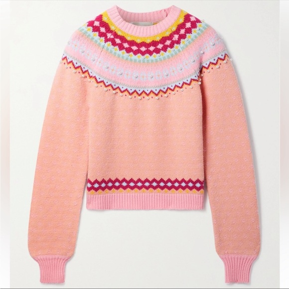NWT! LoveShackFancy Crawley fair isle perl embellished pullover sweater … - Picture 9 of 10